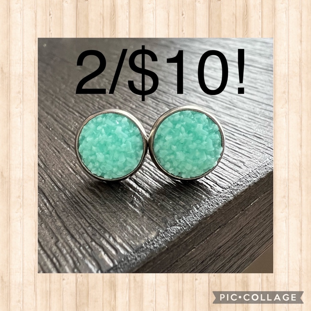 Faux Druzy stud earrings 10mm, misty teal, stainless steel back, BUNDLE & SAVE!